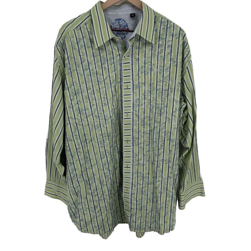 Robert Graham Shirt 2XLB Green & Blue Striped Print Button Flip Cuff Rare